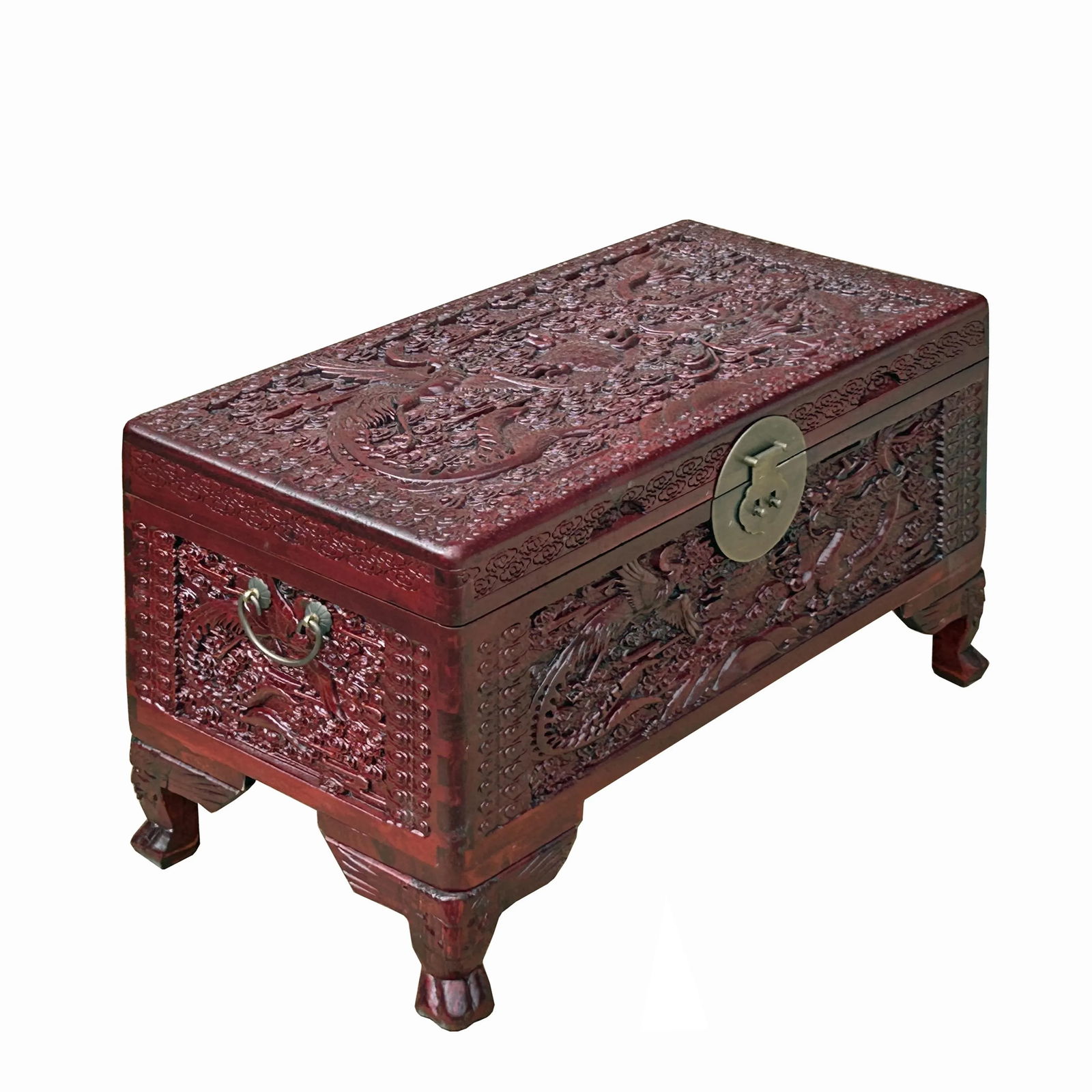 26.5" Small Oriental Brown Phoenix Dragon Carving Camphor Trunk Table - 6