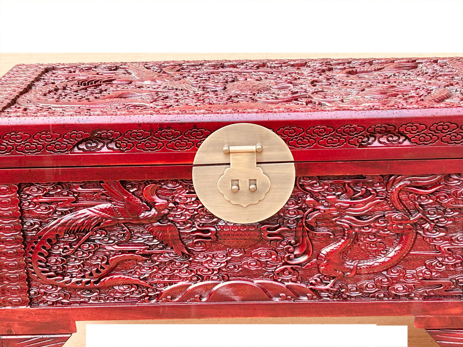 26.5" Small Oriental Brown Phoenix Dragon Carving Camphor Trunk Table - 9