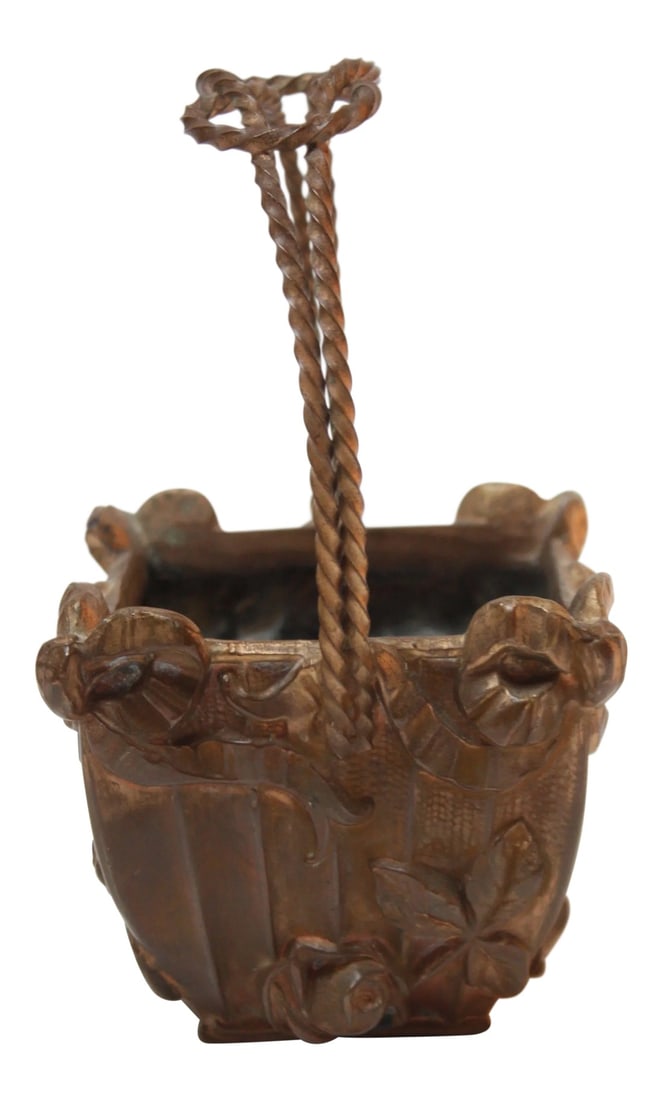 Circa 1930s Petite Patinated Brass Basket: Diminutive solid cast brass basket with a rose gold / copper patina and floral motif decoration throughout. Petite size, ideal for a small plant, keys, accessories. Condition: Alterations: Original