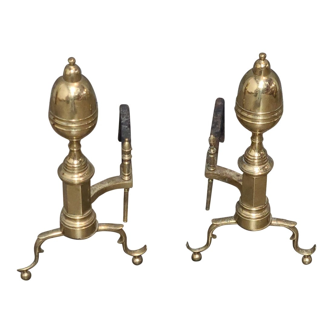 Mid 20th Century Pair of Virginia Metalcrafters Brass Fireplace Andirons With Log Holders (1 of 5)