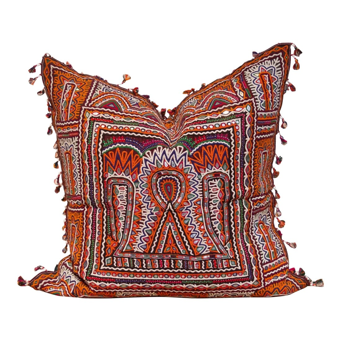 Jasmine Rajasthani Embroidered Decorative Pillow: Our antique embroidered decorative pillow cover is crafted by the skilled pastoralists of Upper Sind, know as the finest domestic embroiderers in the subcontinent. Embellished with fine sisha