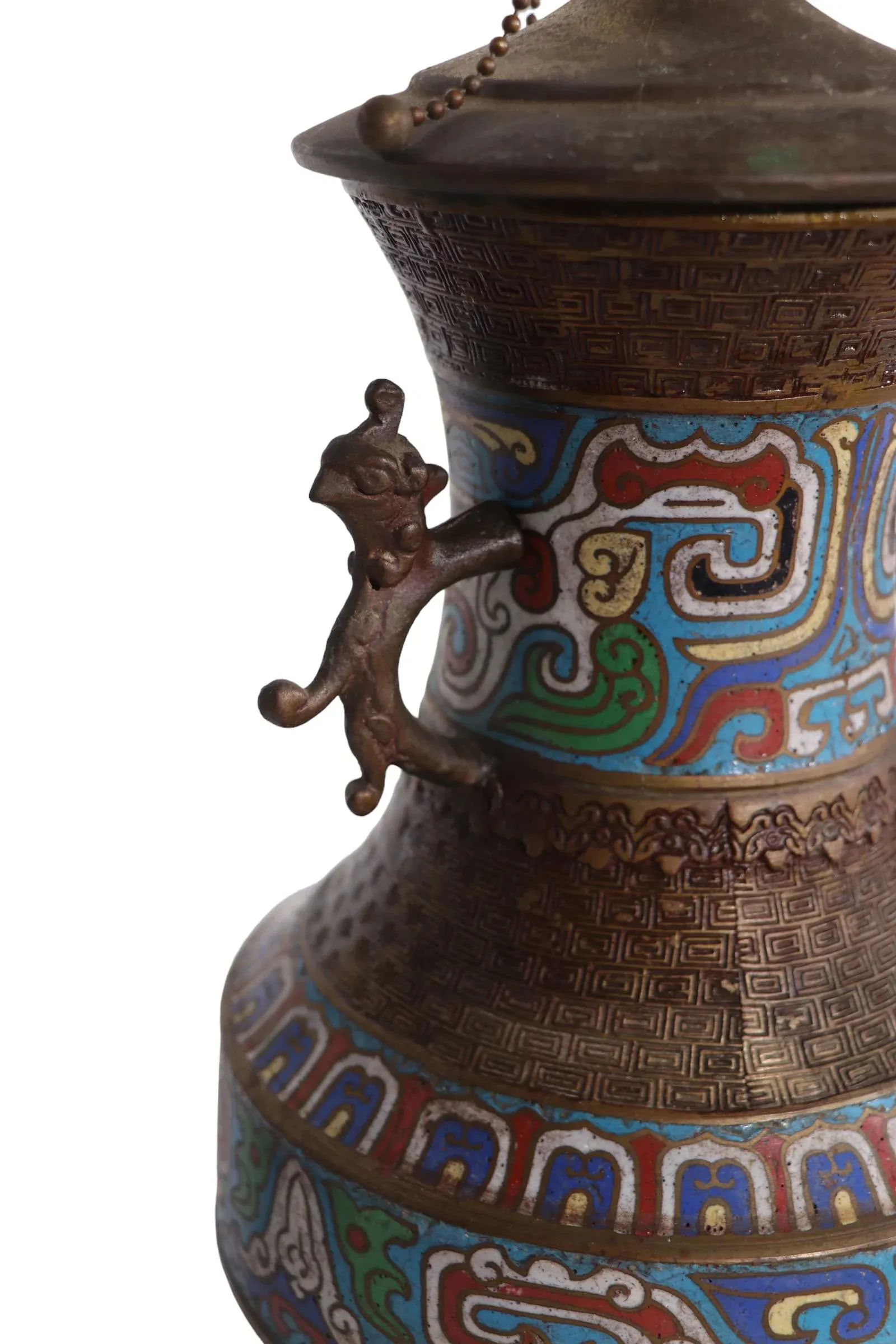 Vintage Asian Brass Champleve Table Lamp - 12