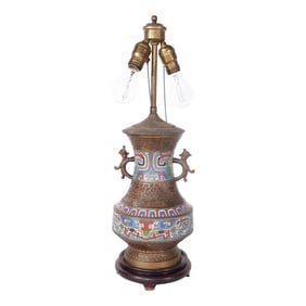 Vintage Asian Brass Champleve Table Lamp
