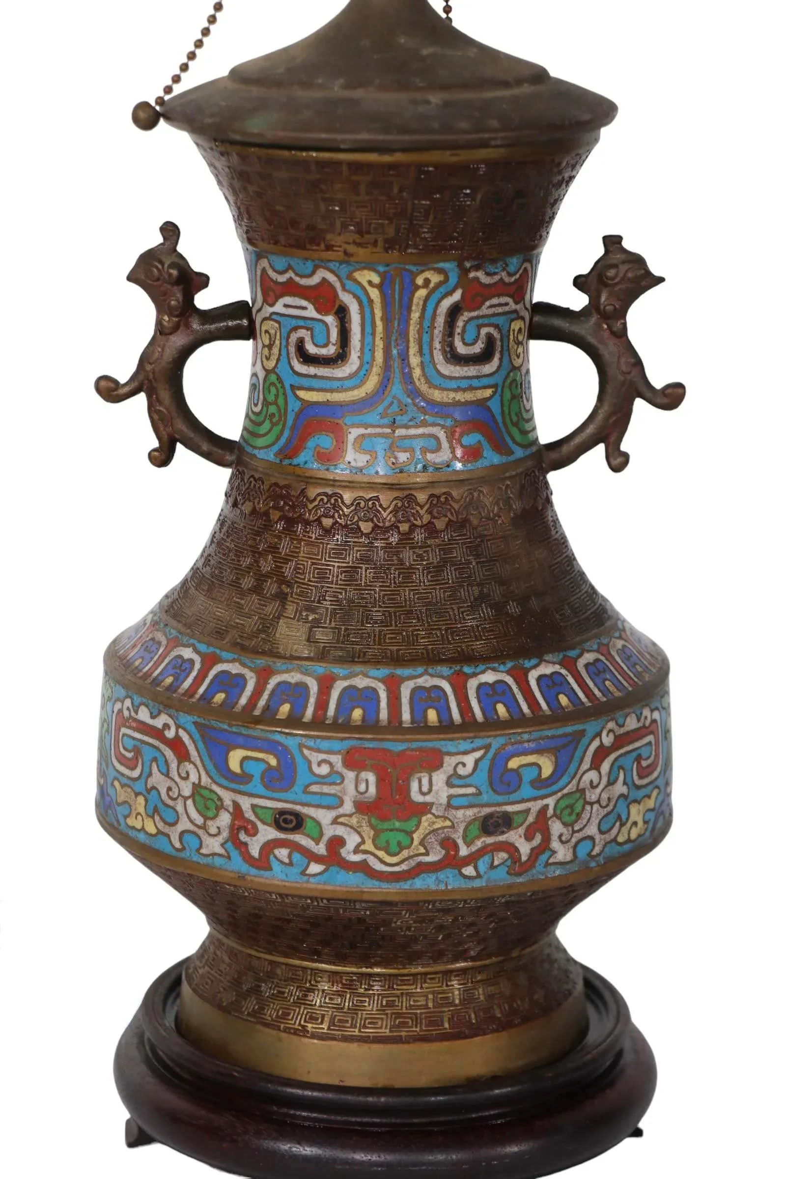 Vintage Asian Brass Champleve Table Lamp - 2