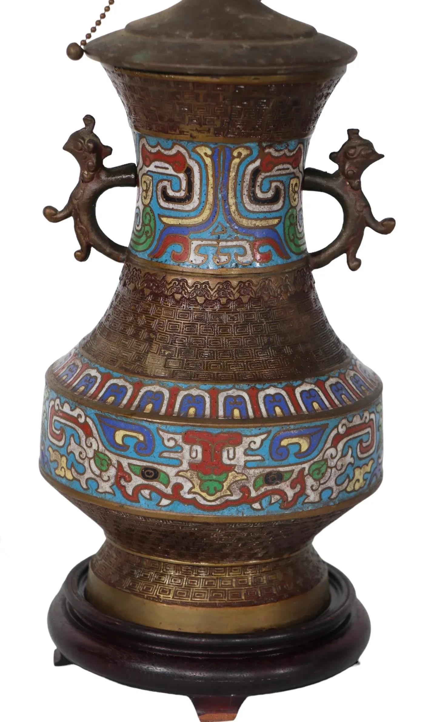 Vintage Asian Brass Champleve Table Lamp - 5