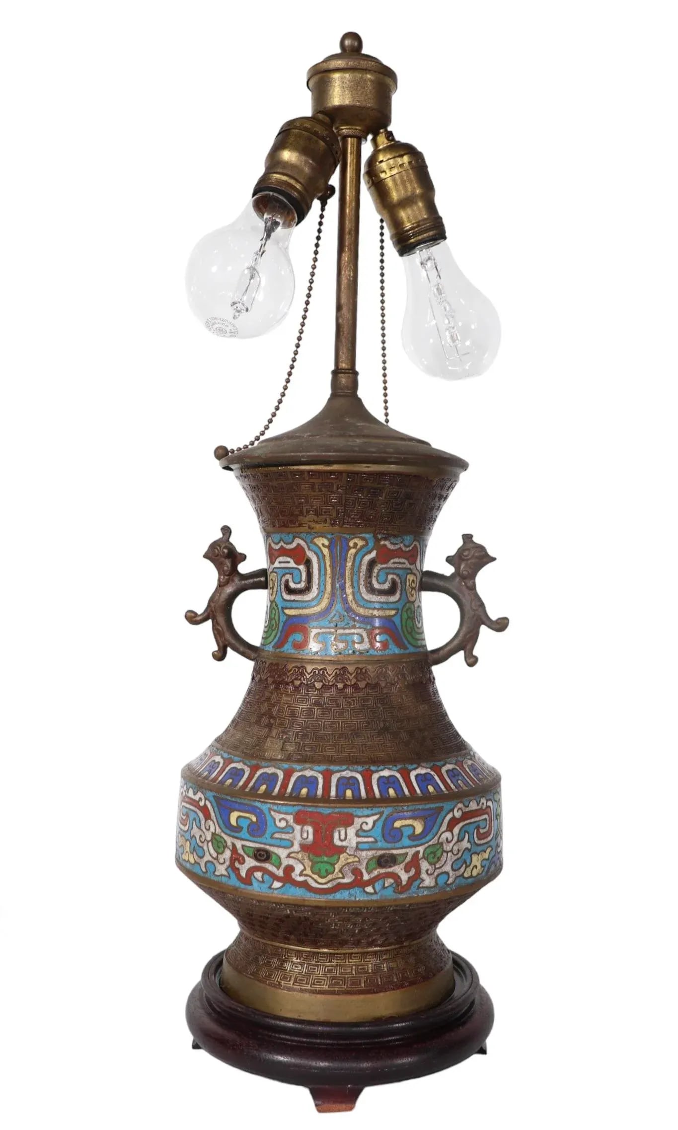 Vintage Asian Brass Champleve Table Lamp - 9