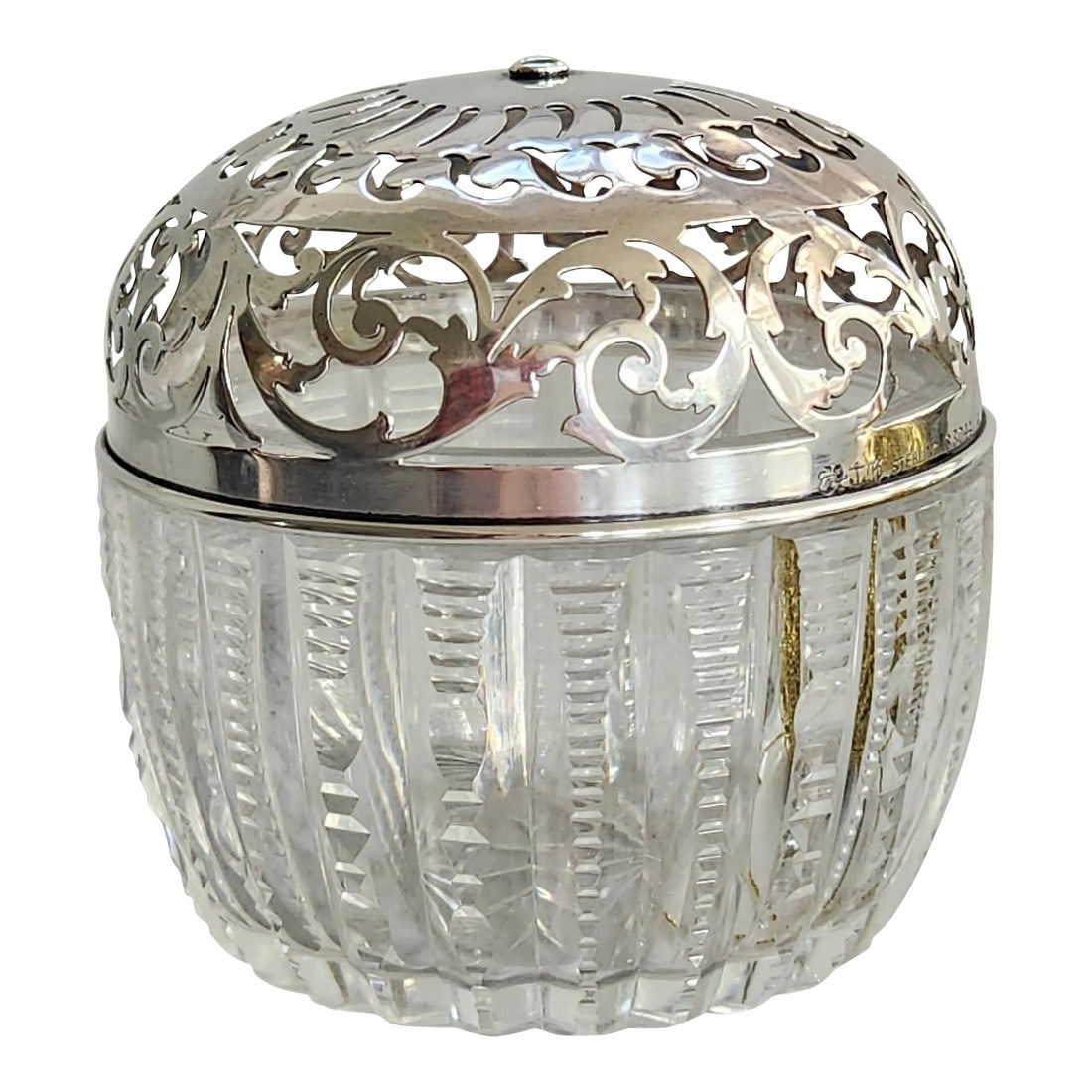 Antique Crystal Twine Holder With Sterling Top, String Holder Dispenser by Gorham: Antique crystal twine holder with Sterling top by Gorham USA Holder measures approx. 3" in height x 3.5" in diameter. Sterling top is stamped "STERLING S3044" on rim. Wear Commensurate with age and us