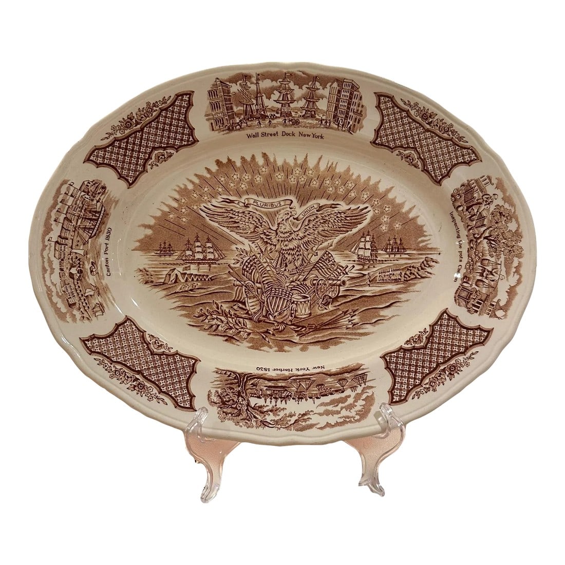 Vintage Alfred Meakin Staffordshire Fair Winds The Friendship of Salem Brown Platter: Detailed Alfred Meakin Staffordshire Fair Winds Platter The pattern of this wonderful platter was created from original copper engravings depicting historical scenes of Chinese Export to America.