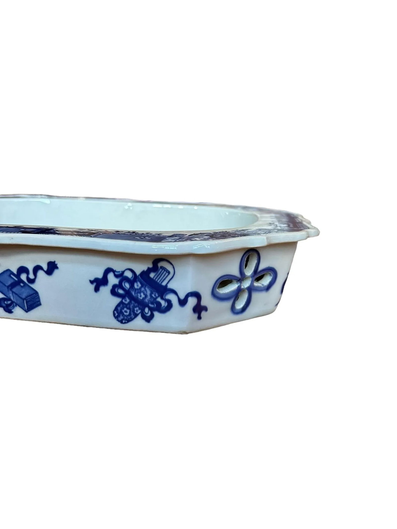 Antique Blue and White Chinoiserie Warming Dish With Pagoda Scenes - 10