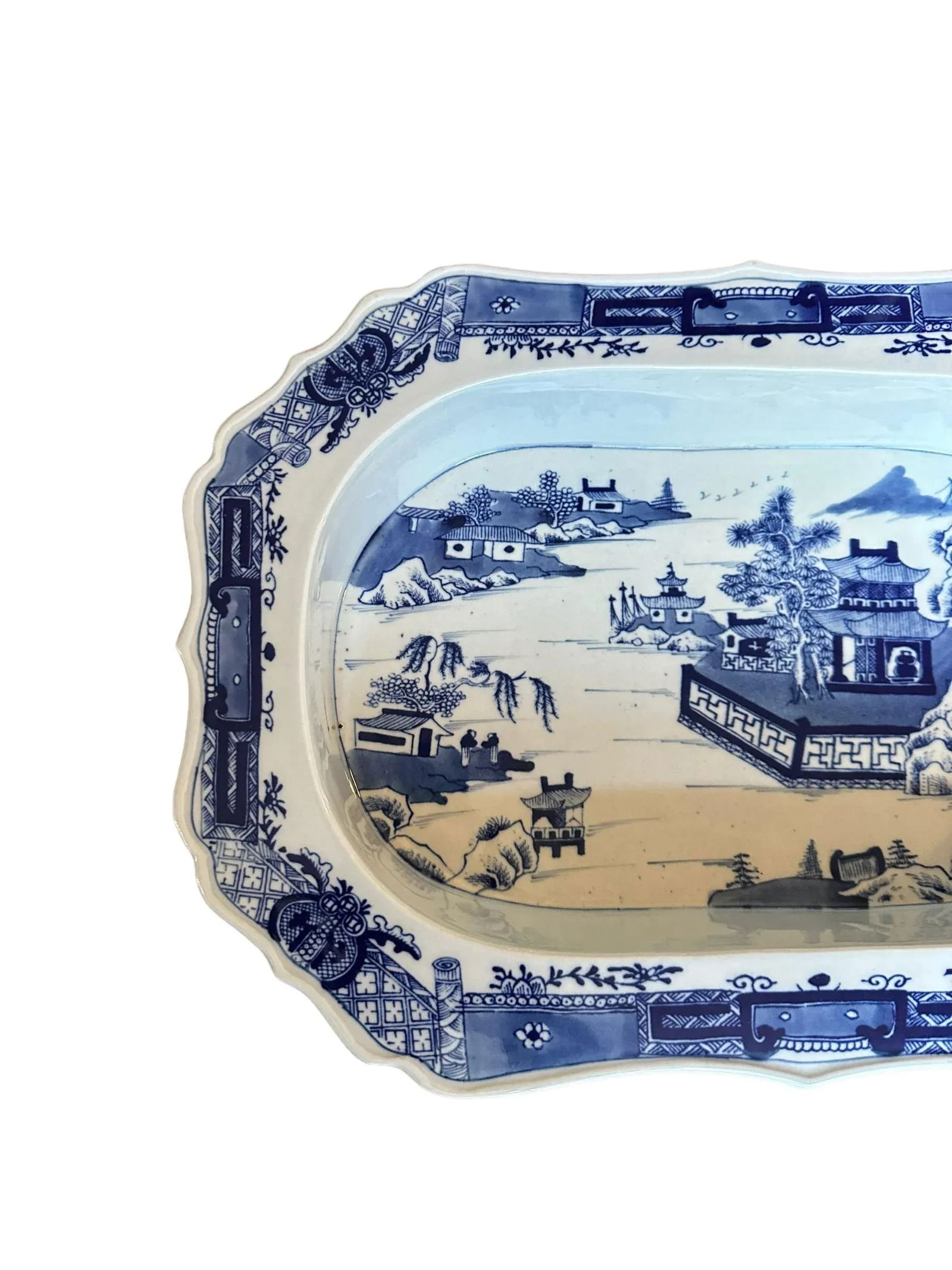 Antique Blue and White Chinoiserie Warming Dish With Pagoda Scenes - 2