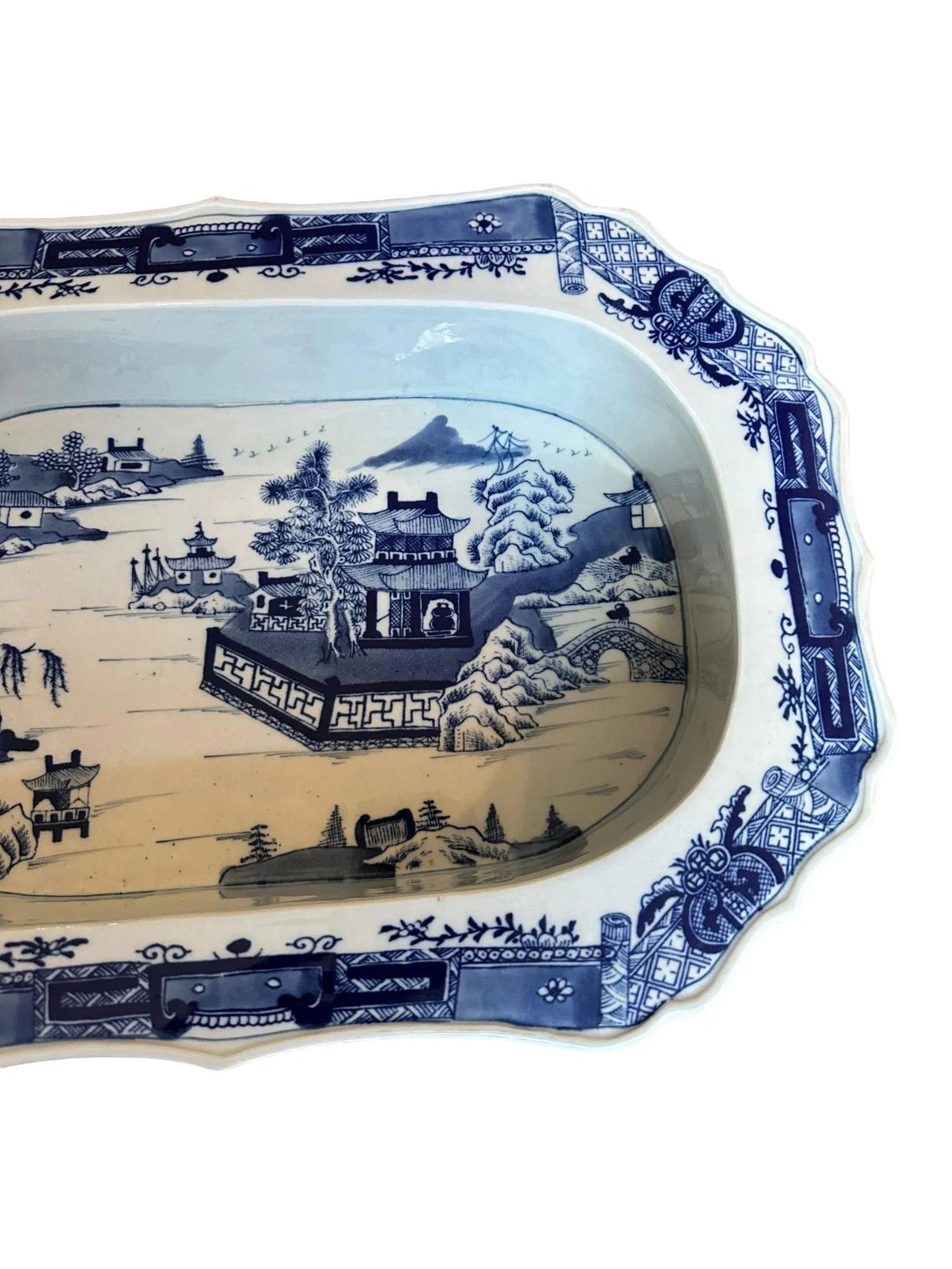 Antique Blue and White Chinoiserie Warming Dish With Pagoda Scenes - 4