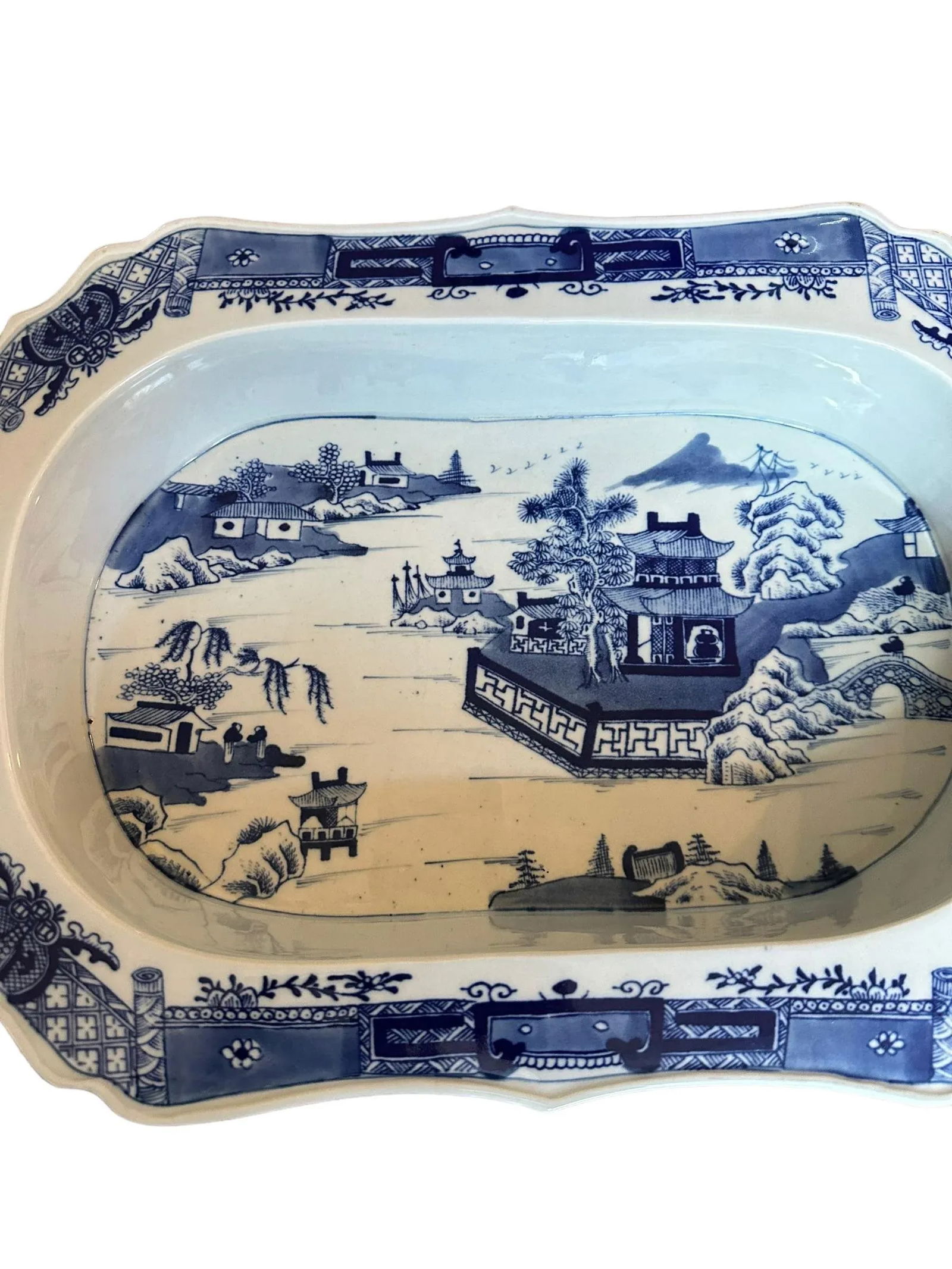 Antique Blue and White Chinoiserie Warming Dish With Pagoda Scenes - 5