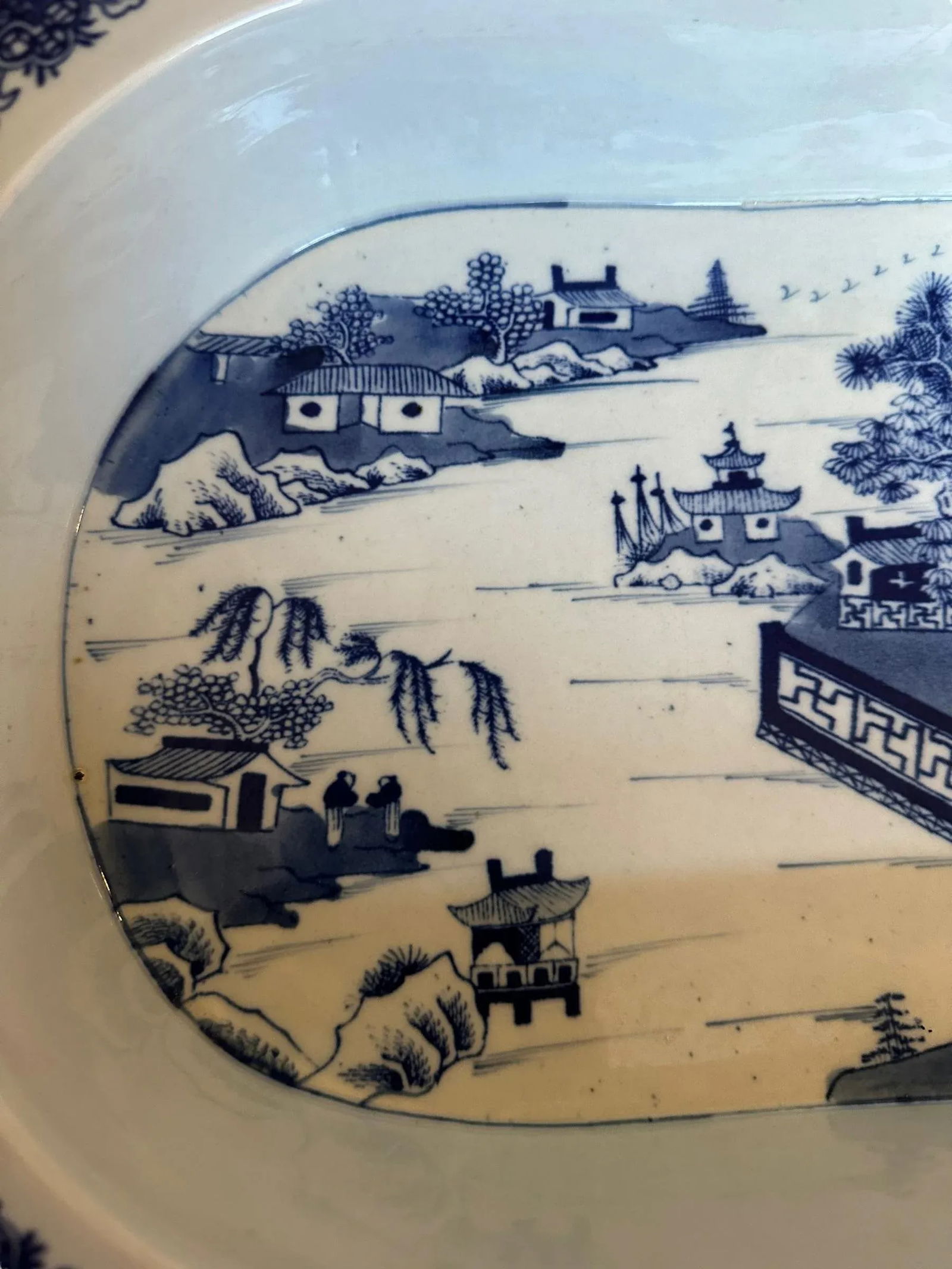 Antique Blue and White Chinoiserie Warming Dish With Pagoda Scenes - 6