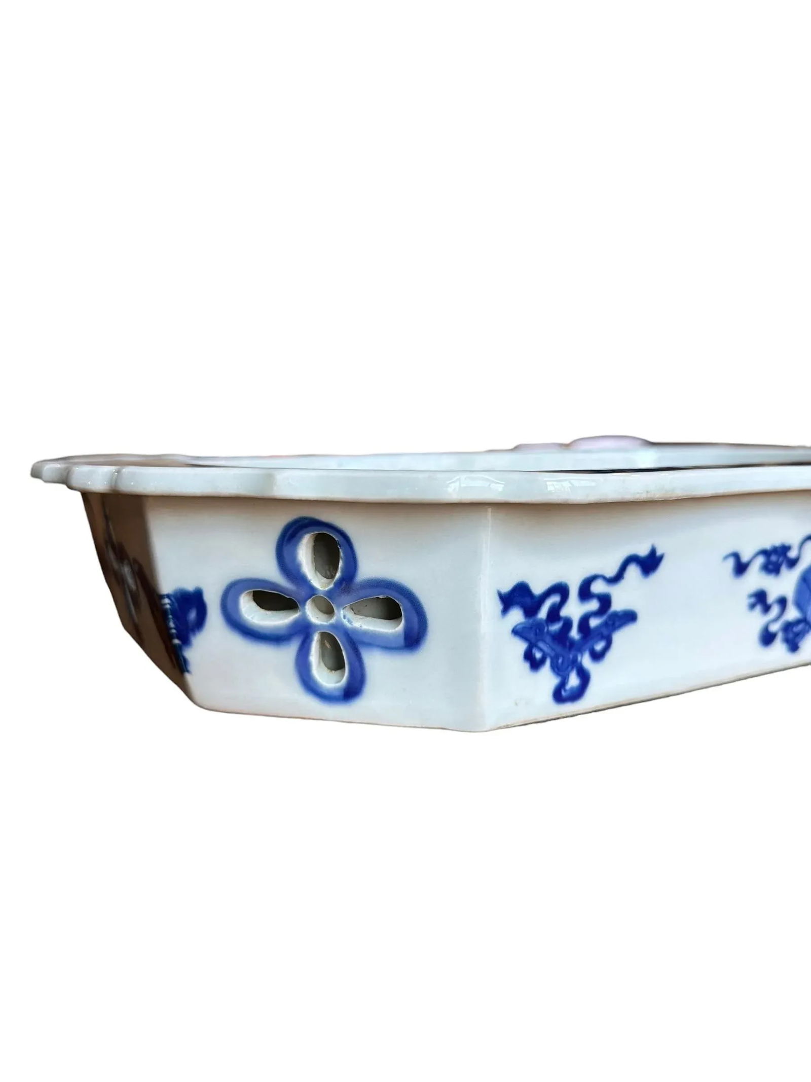 Antique Blue and White Chinoiserie Warming Dish With Pagoda Scenes - 7