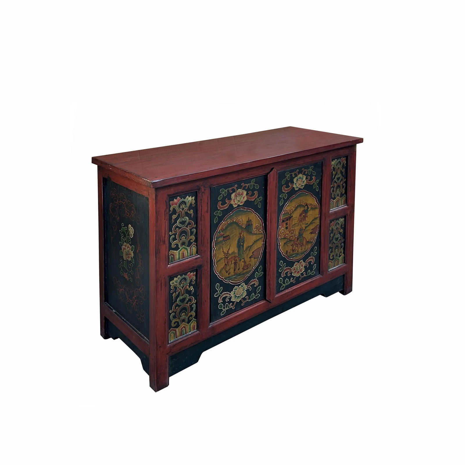 Chinese Red Tibetan Elephant Deer Sideboard Console Table Cabinet - 4