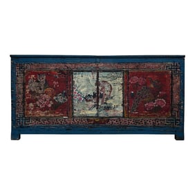Chinese Distressed Blue Red Tiger Graphic Sideboard Console Cabinet