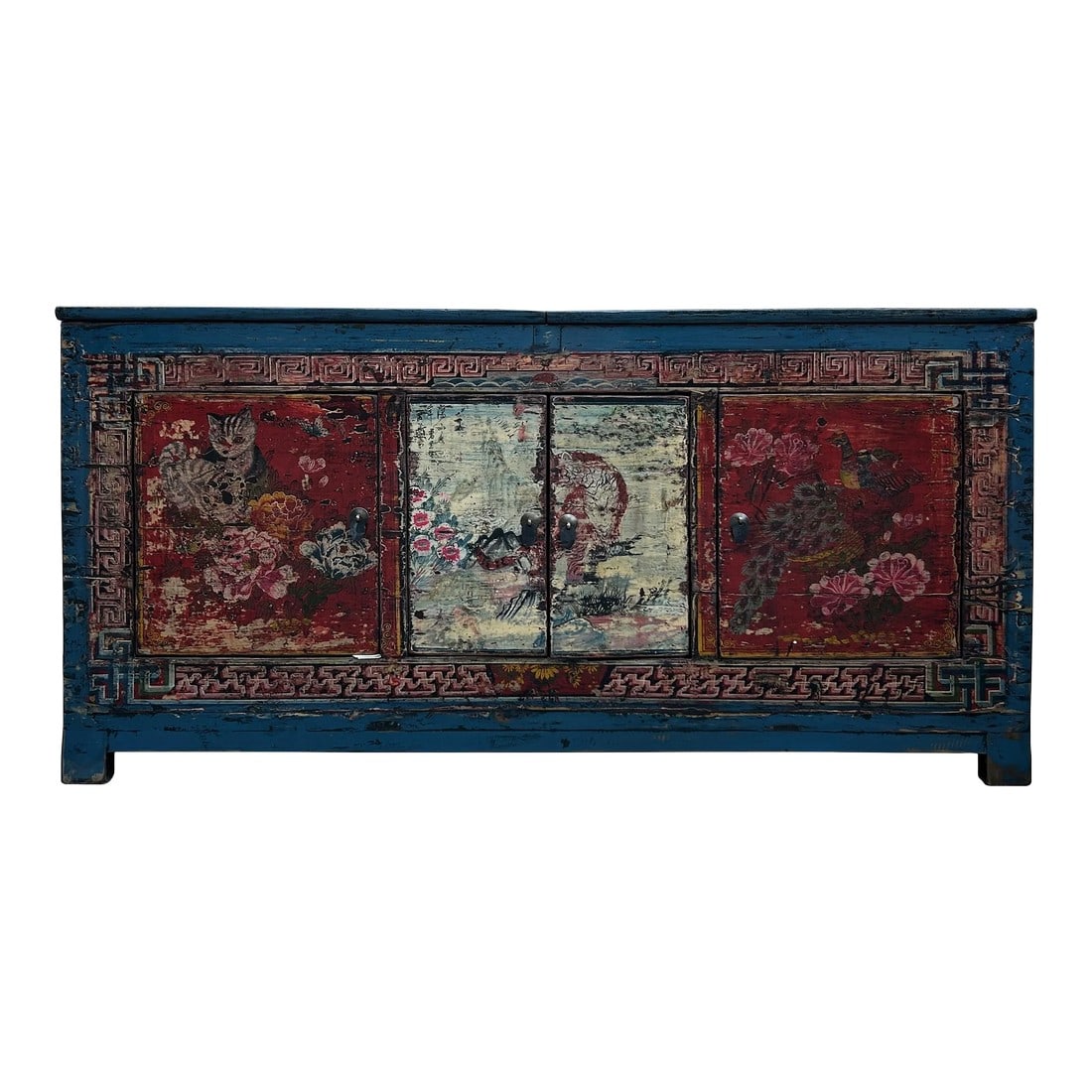 Chinese Distressed Blue Red Tiger Graphic Sideboard Console Cabinet: Chinese-inspired Distressed blue red tiger Graphic Short Sideboard Console Cabinet. This exquisite piece of furniture seamlessly blends Eastern aesthetics with a touch of rustic charm. Crafted with