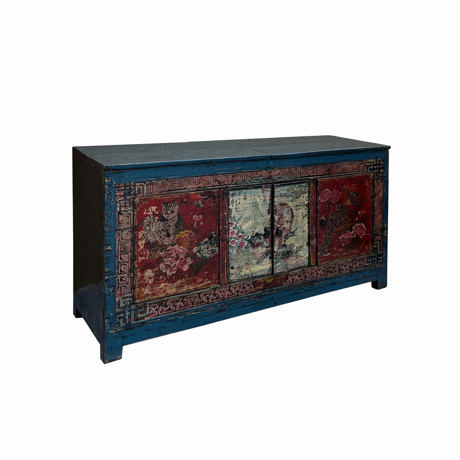 Chinese Distressed Blue Red Tiger Graphic Sideboard Console Cabinet - 2