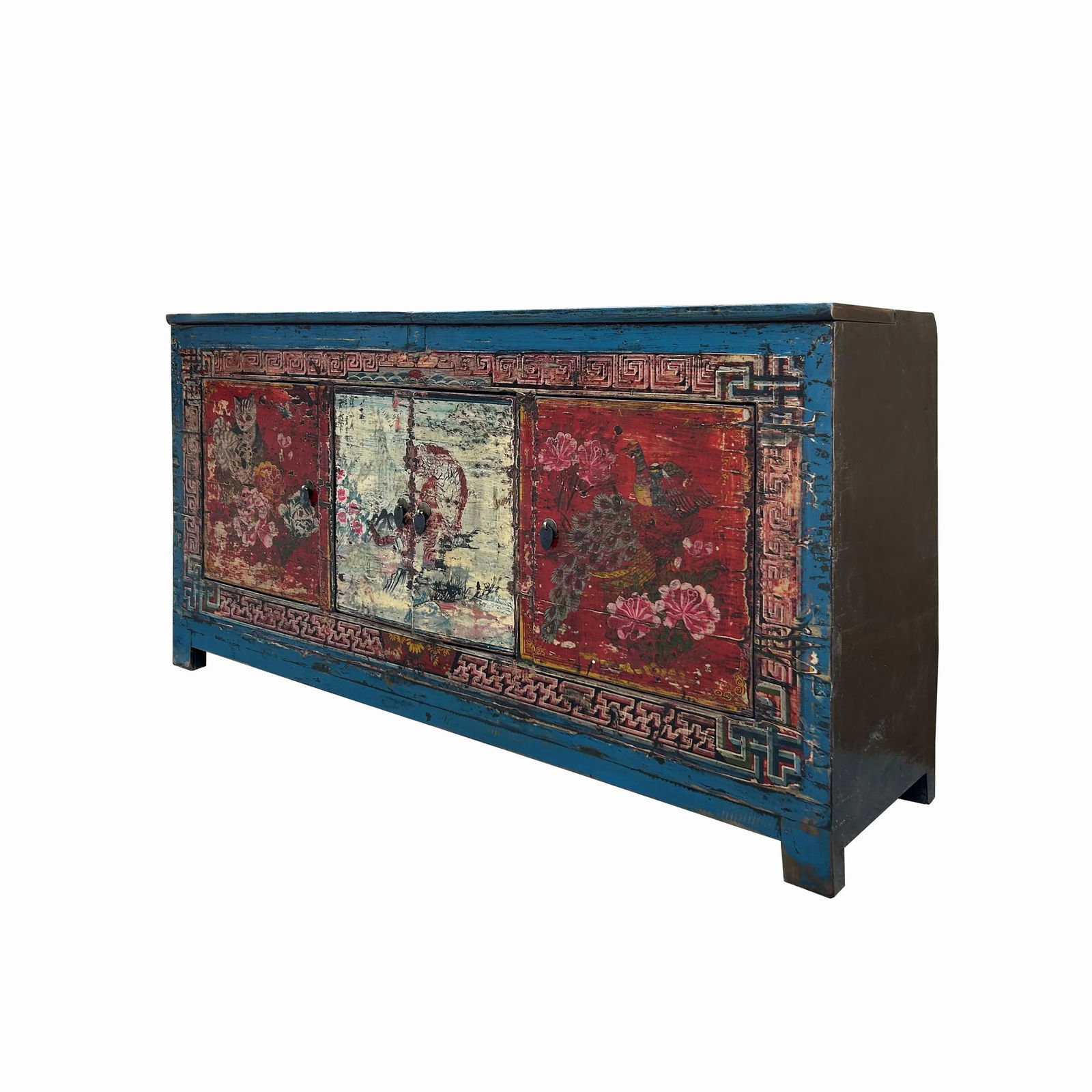 Chinese Distressed Blue Red Tiger Graphic Sideboard Console Cabinet - 3
