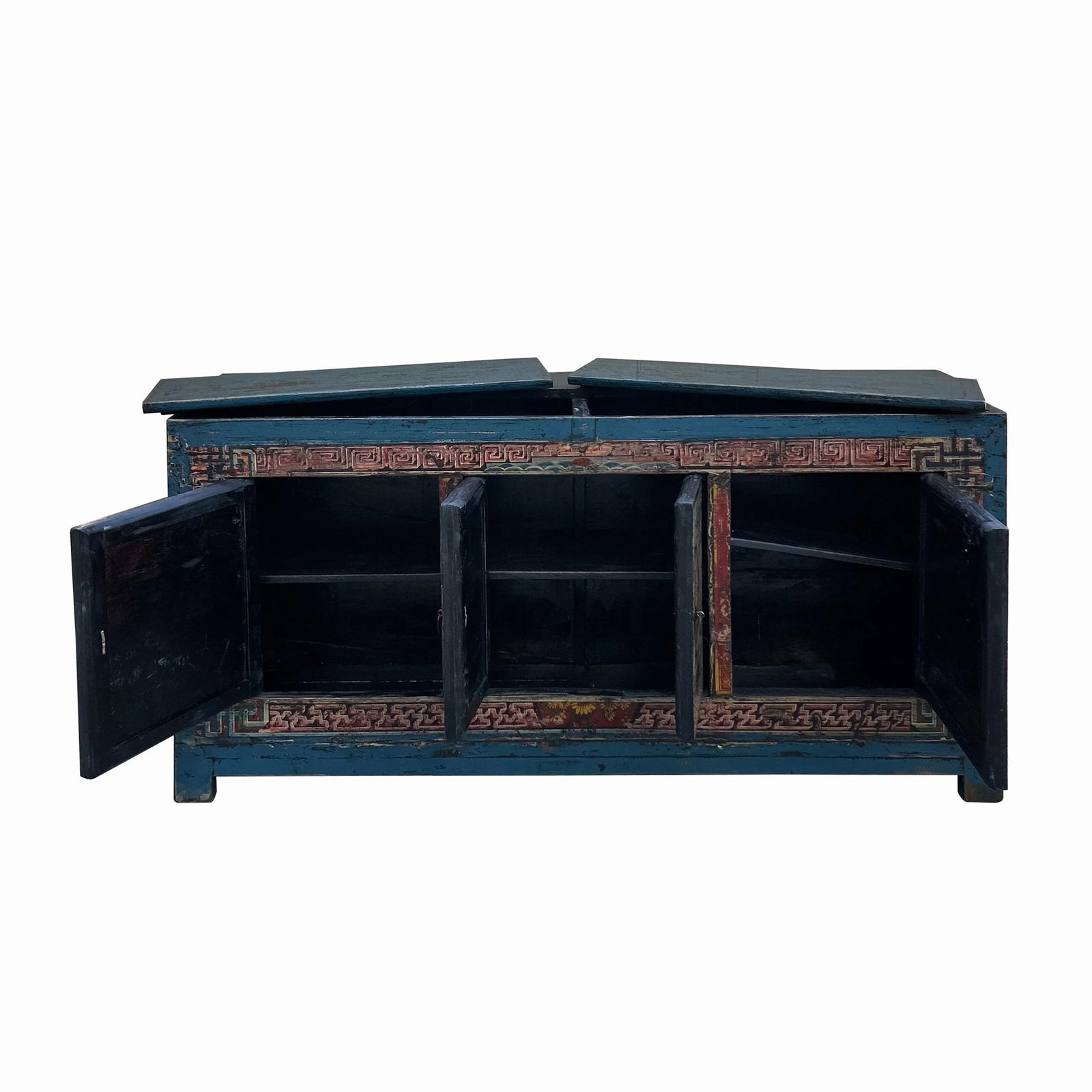 Chinese Distressed Blue Red Tiger Graphic Sideboard Console Cabinet - 4