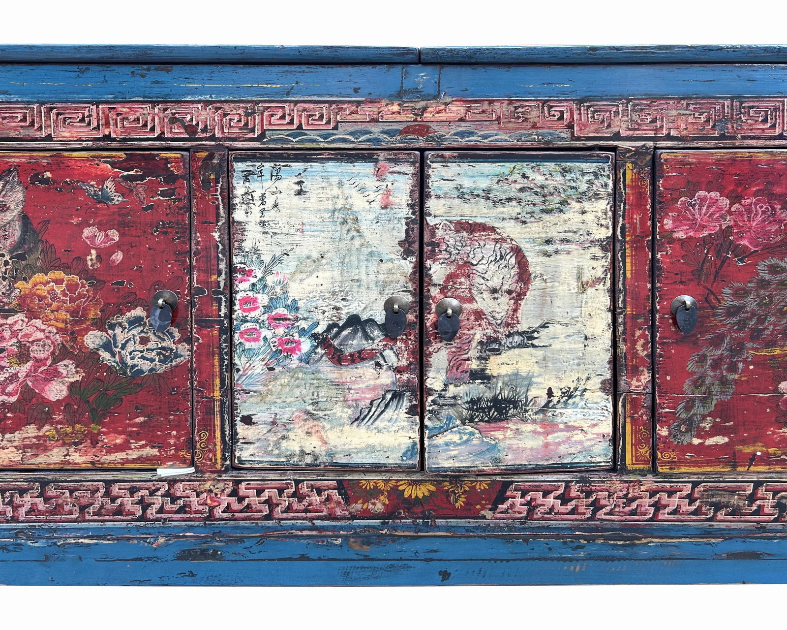 Chinese Distressed Blue Red Tiger Graphic Sideboard Console Cabinet - 5