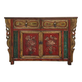 Chinese Distressed Mustard Yellow Red Flower Sideboard Credenza Cabinet