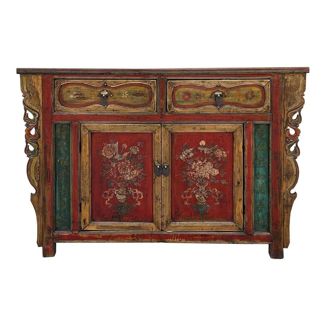 Chinese Distressed Mustard Yellow Red Flower Sideboard Credenza Cabinet: This is an oriental cabinet finished with distressed rustic mustard yellow color with a mix of color patina. The flower scenery on the red doors is original with a minor touch up. It is a charming