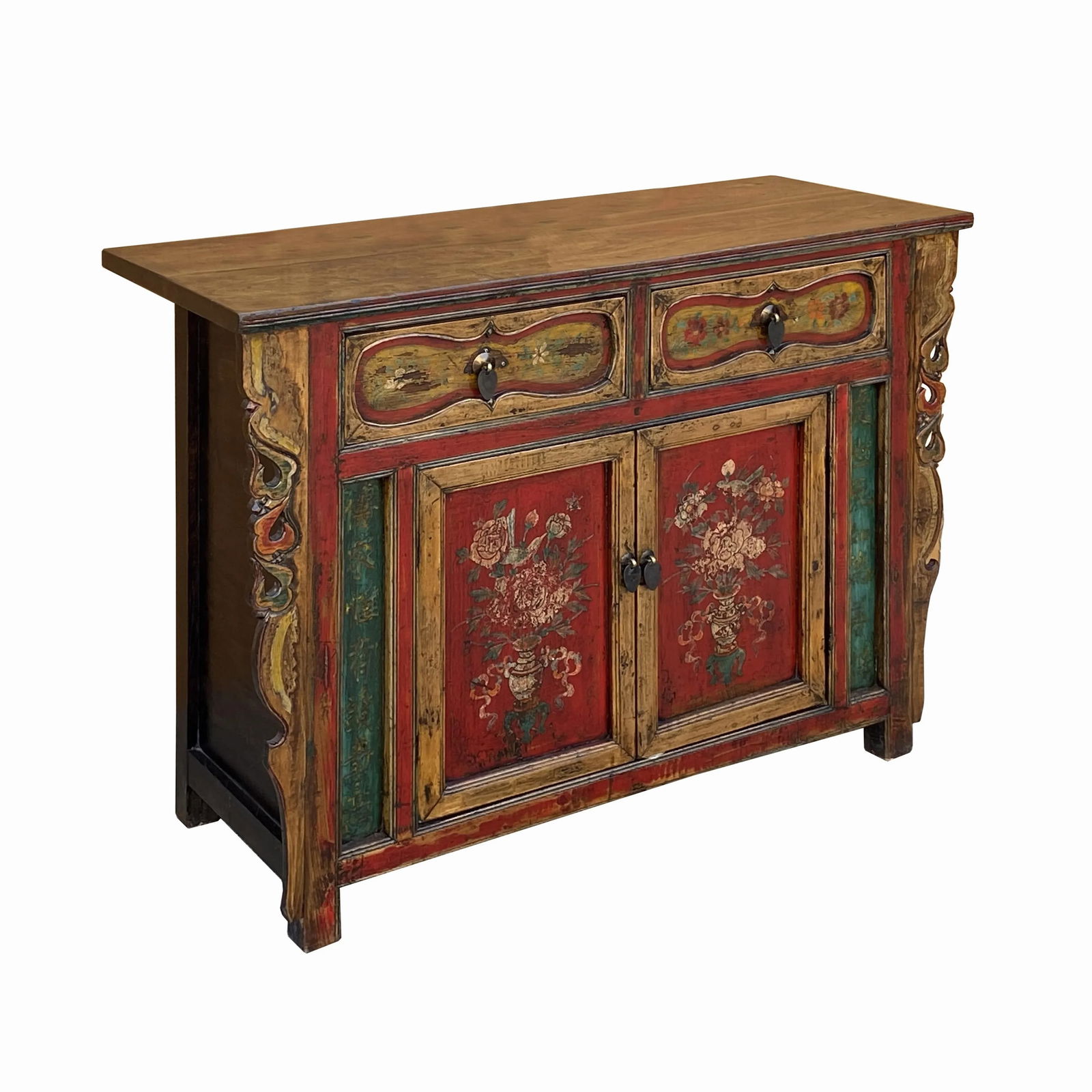 Chinese Distressed Mustard Yellow Red Flower Sideboard Credenza Cabinet - 2