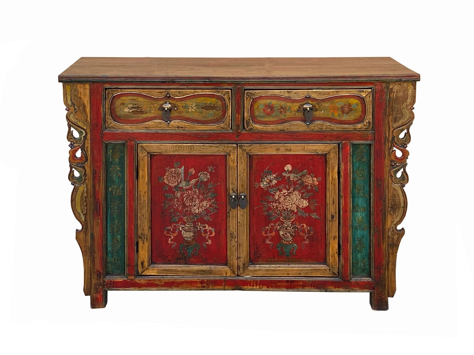 Chinese Distressed Mustard Yellow Red Flower Sideboard Credenza Cabinet - 3