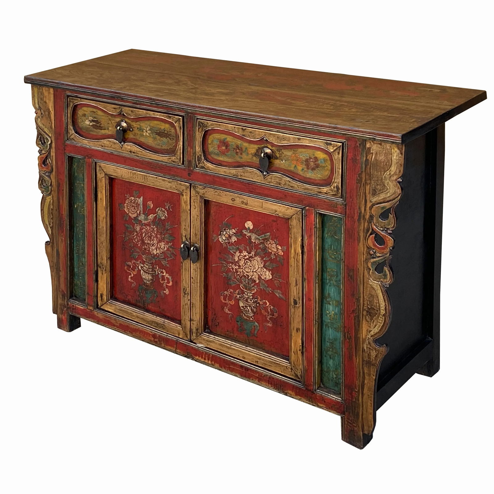 Chinese Distressed Mustard Yellow Red Flower Sideboard Credenza Cabinet - 4