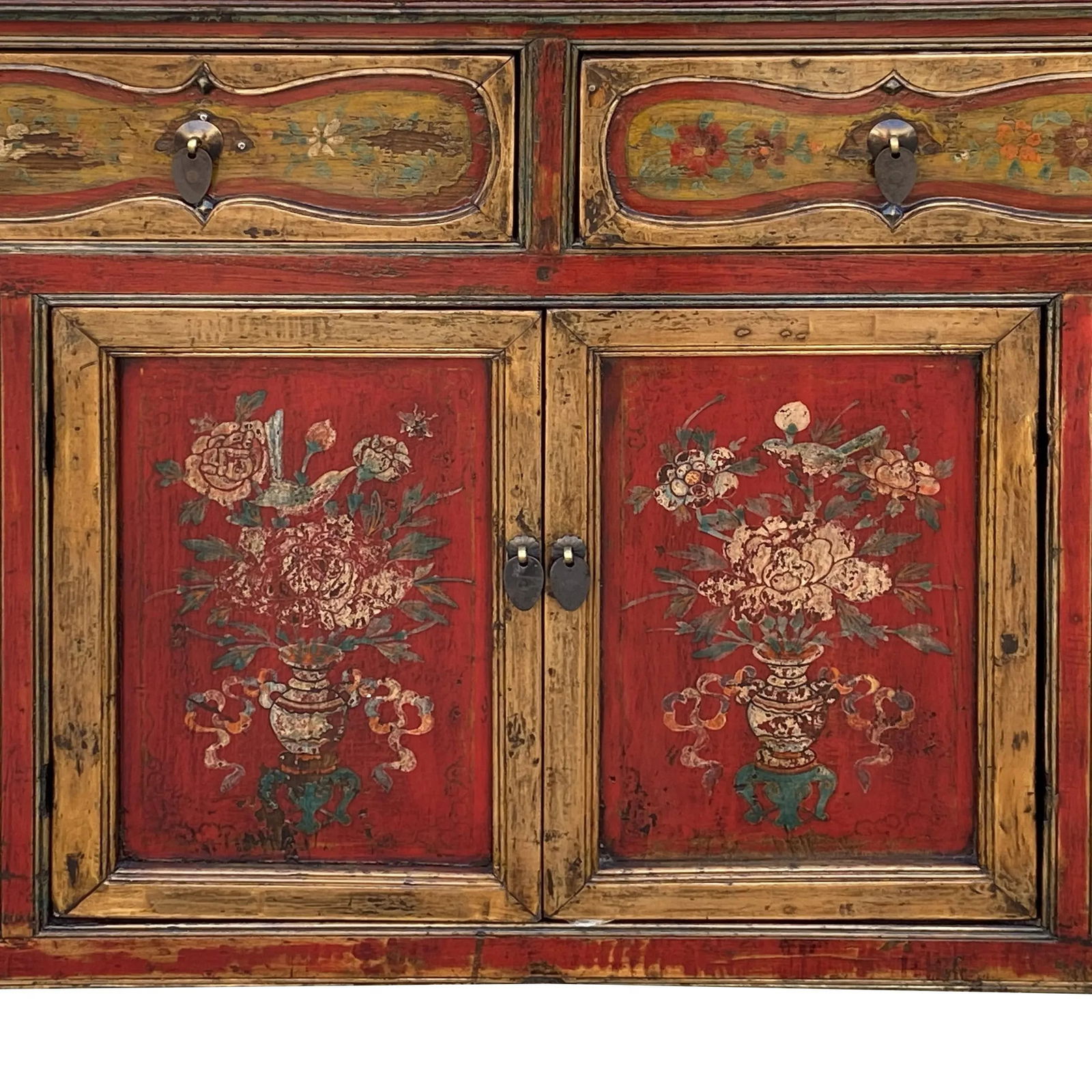 Chinese Distressed Mustard Yellow Red Flower Sideboard Credenza Cabinet - 5