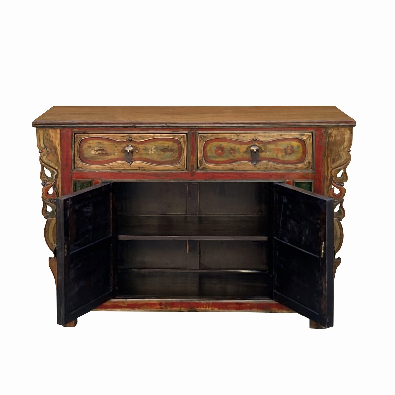 Chinese Distressed Mustard Yellow Red Flower Sideboard Credenza Cabinet - 6