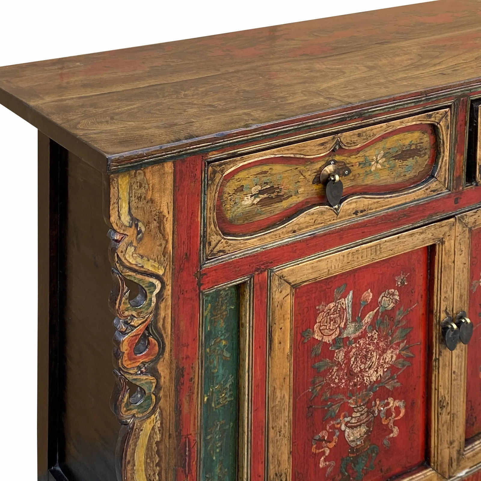 Chinese Distressed Mustard Yellow Red Flower Sideboard Credenza Cabinet - 7