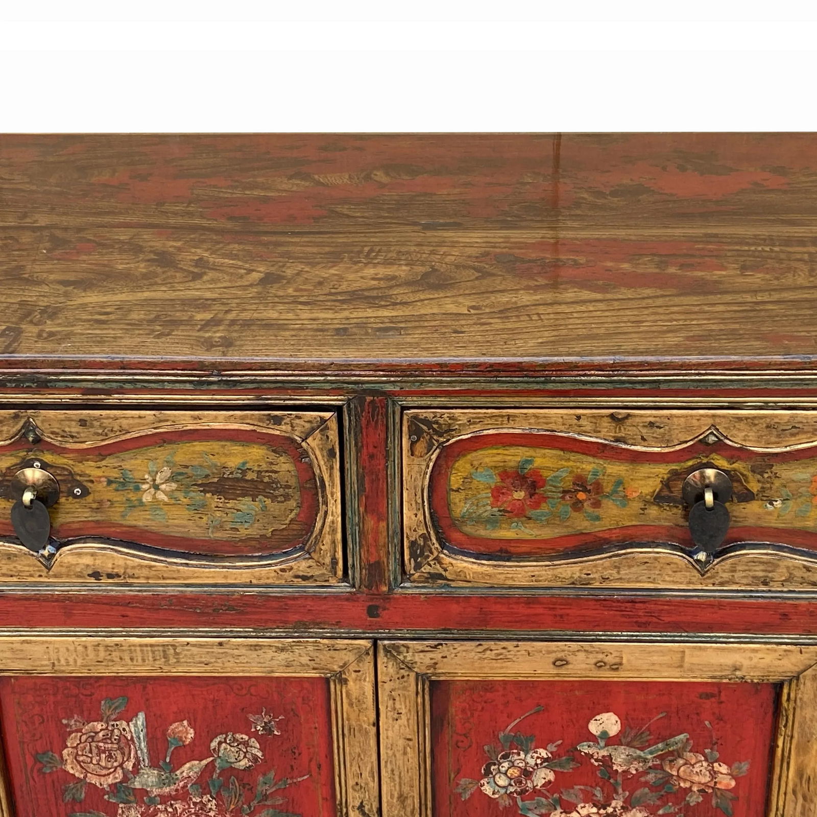 Chinese Distressed Mustard Yellow Red Flower Sideboard Credenza Cabinet - 8