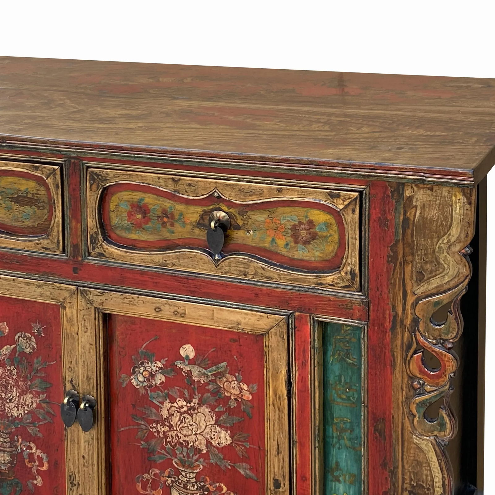 Chinese Distressed Mustard Yellow Red Flower Sideboard Credenza Cabinet - 9
