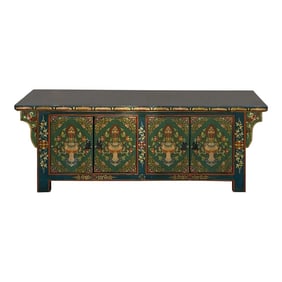 Chinese Tibetan Teal Green Blue Jewel Treasure Graphic Low Tv Console Table