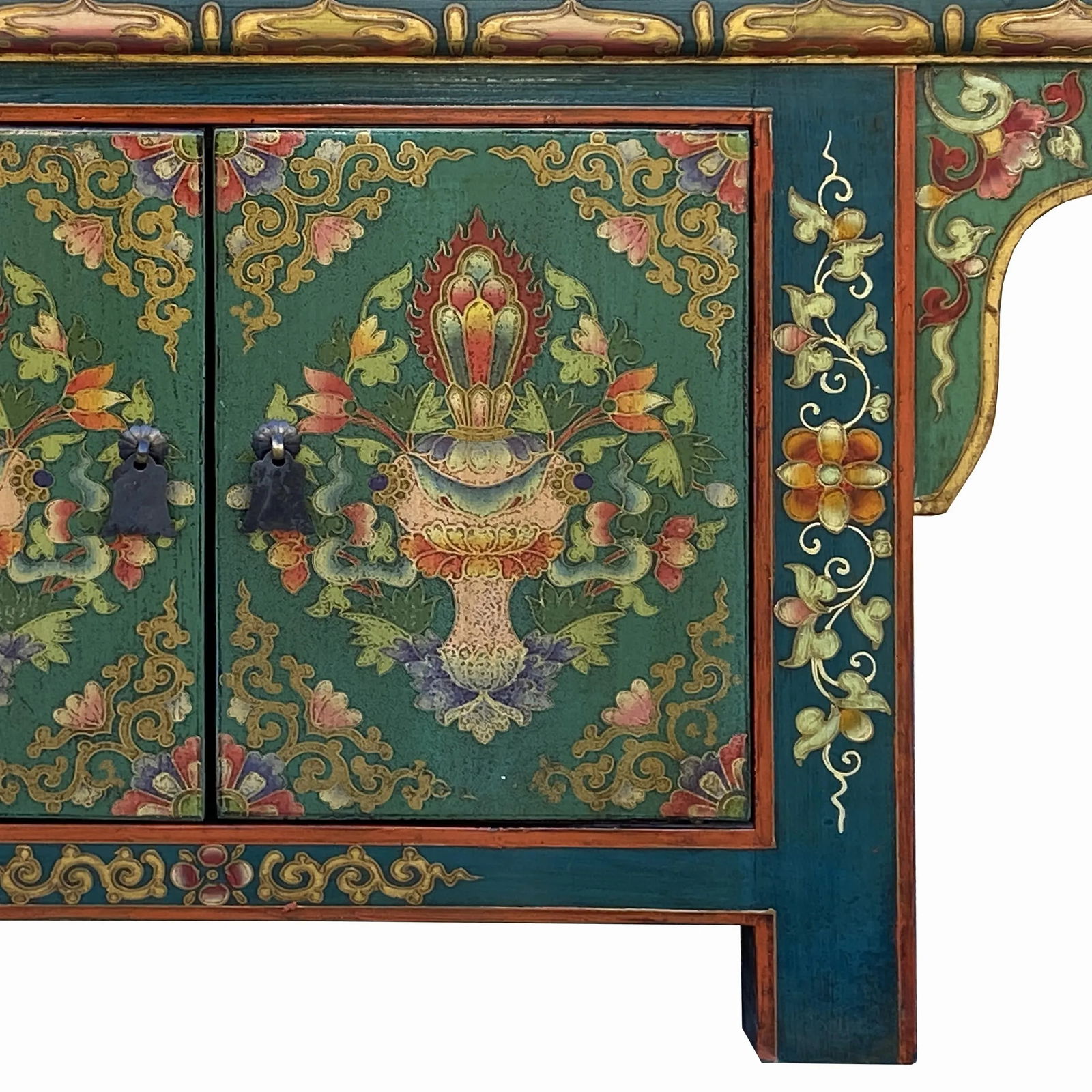 Chinese Tibetan Teal Green Blue Jewel Treasure Graphic Low Tv Console Table - 2