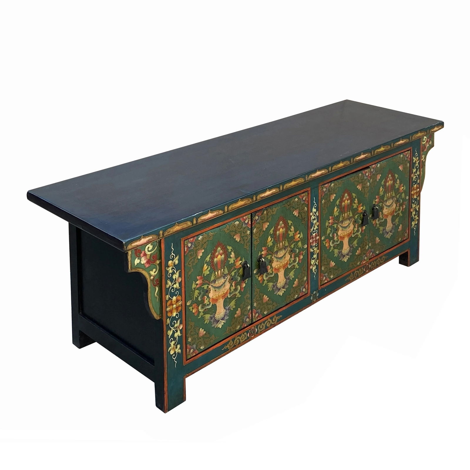 Chinese Tibetan Teal Green Blue Jewel Treasure Graphic Low Tv Console Table - 3