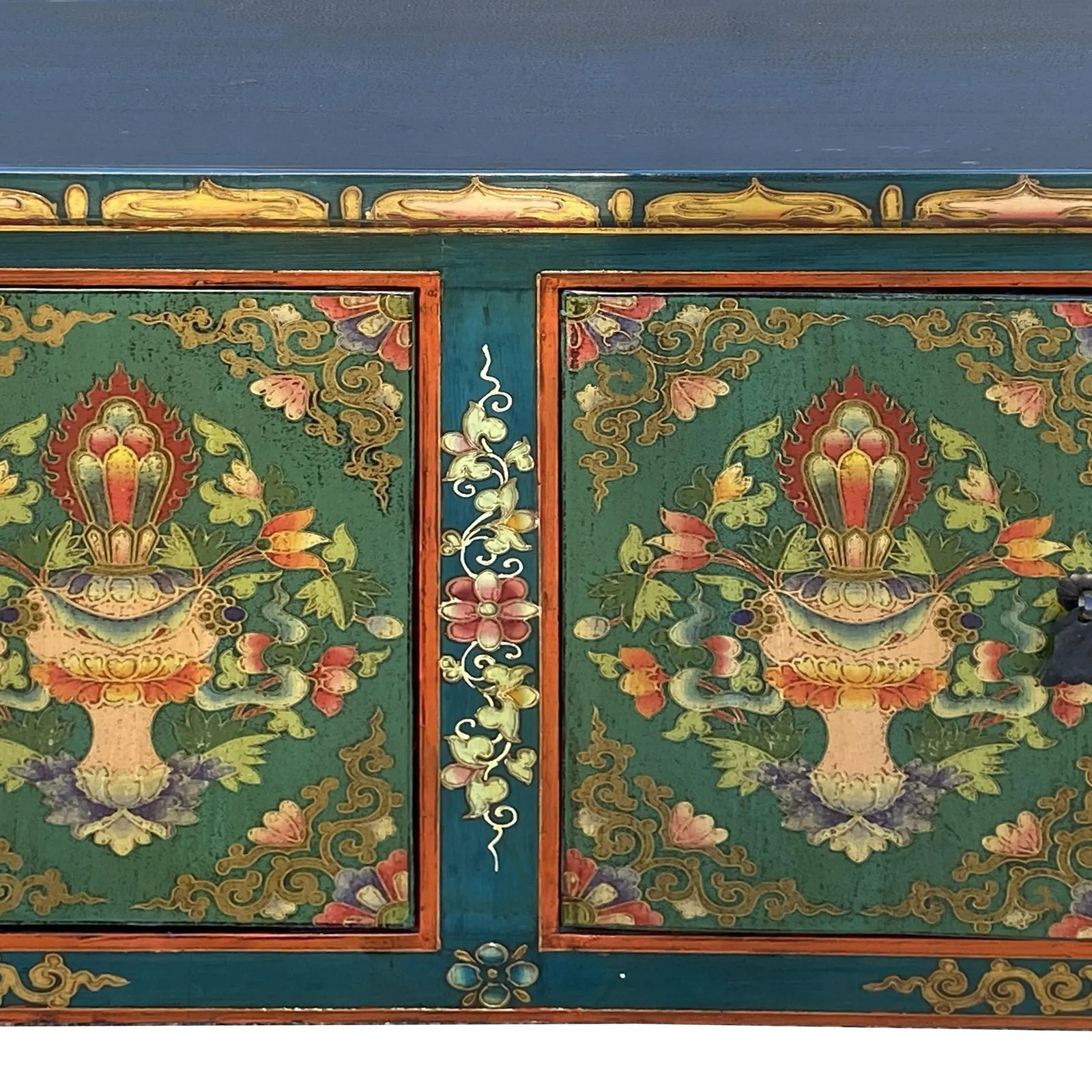 Chinese Tibetan Teal Green Blue Jewel Treasure Graphic Low Tv Console Table - 6