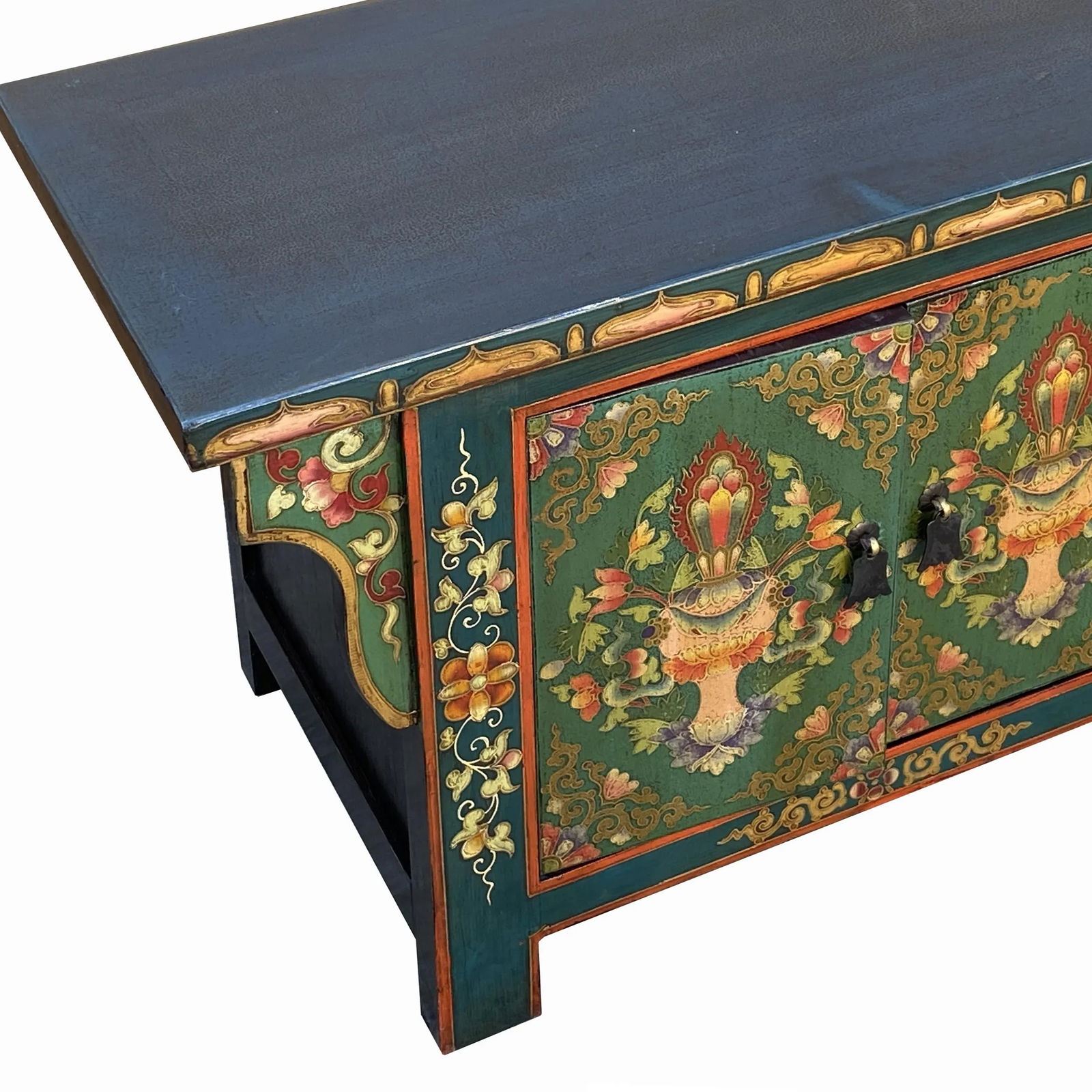 Chinese Tibetan Teal Green Blue Jewel Treasure Graphic Low Tv Console Table - 7
