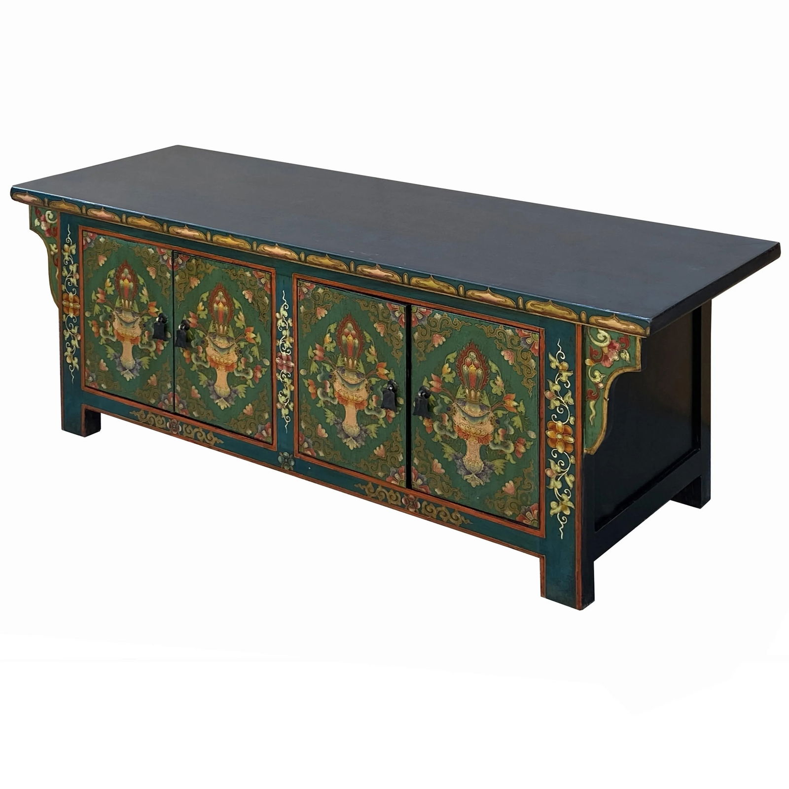 Chinese Tibetan Teal Green Blue Jewel Treasure Graphic Low Tv Console Table - 9
