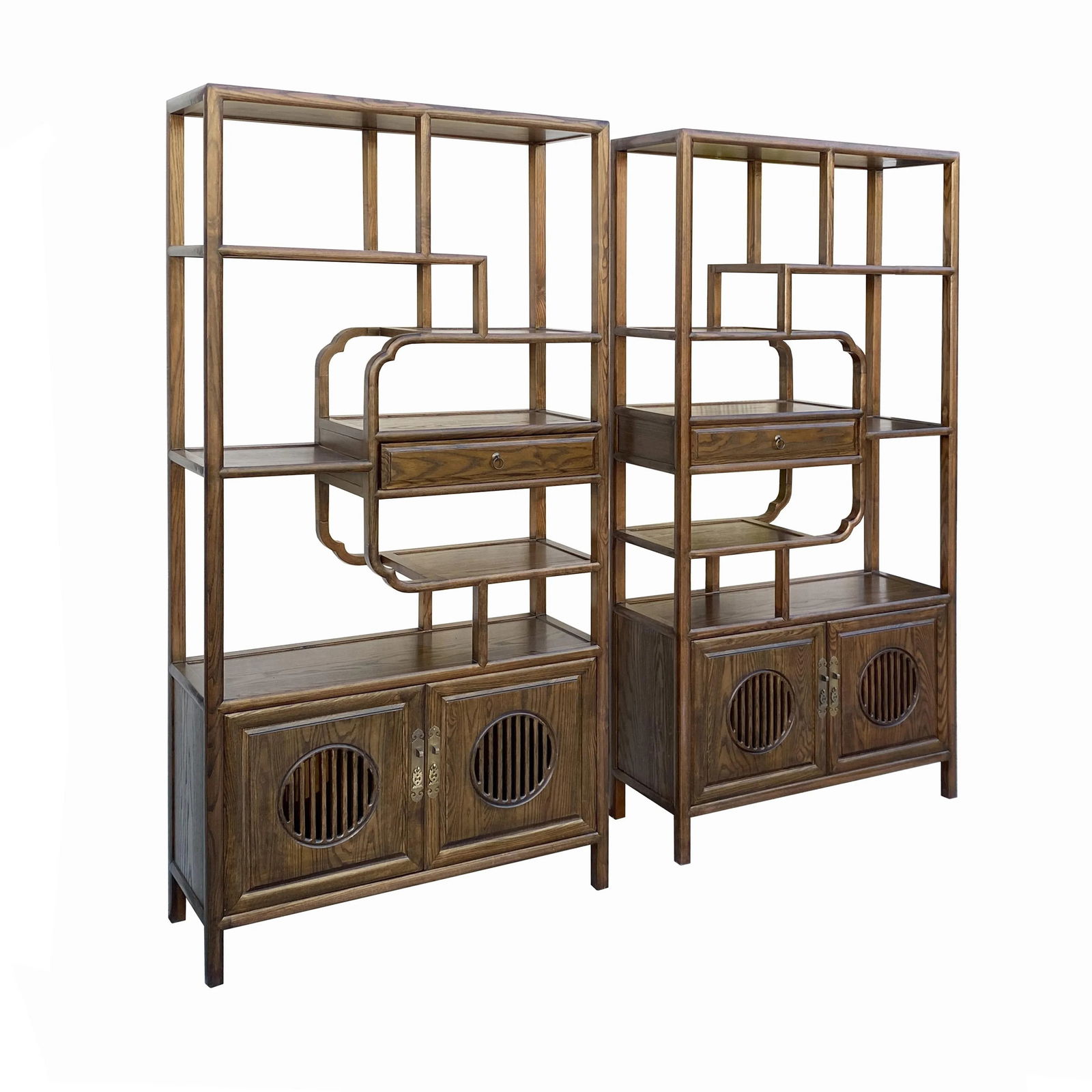 Pair Brown Stain Wood Shutter Doors Minimalist Treasure Display Cabinets - 4