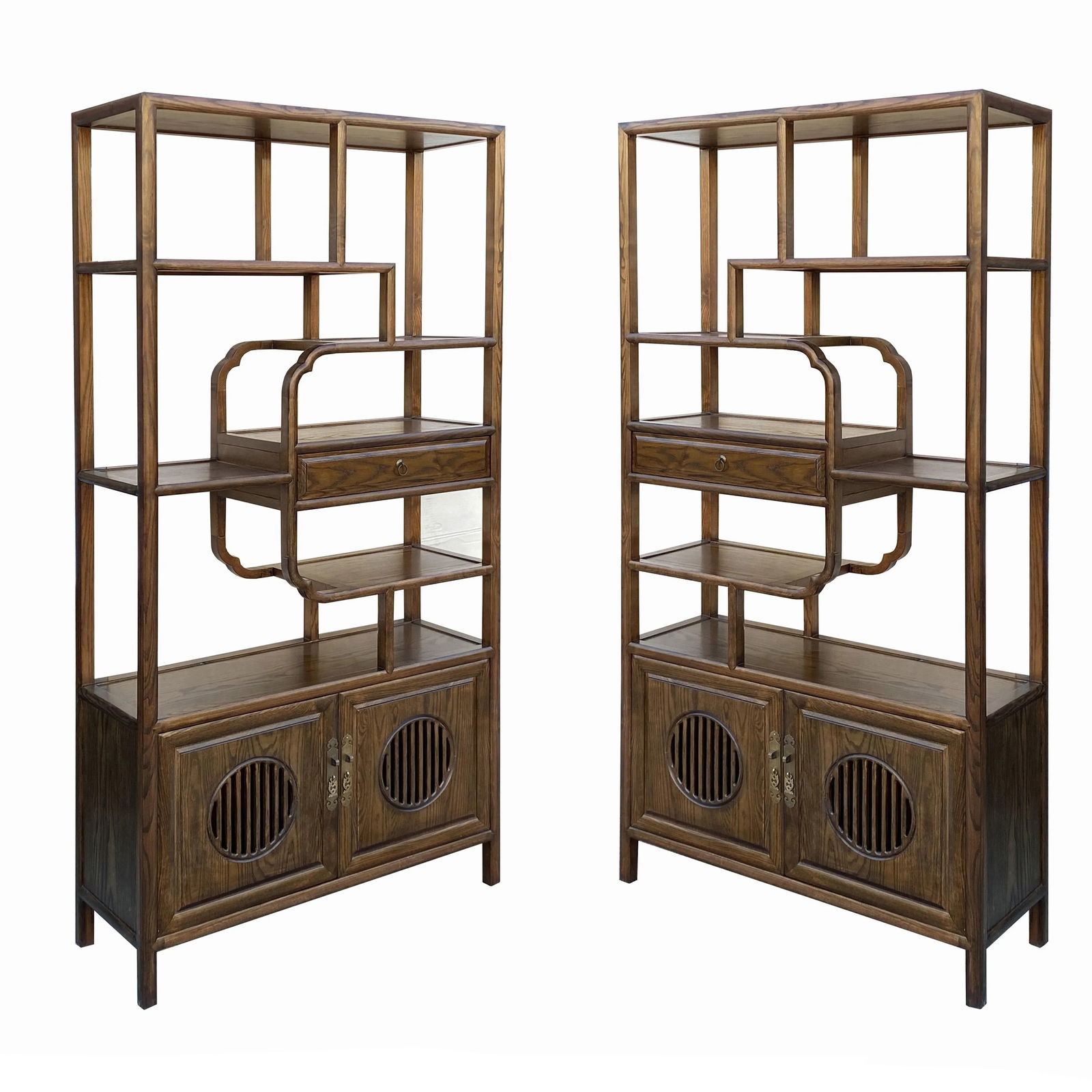 Pair Brown Stain Wood Shutter Doors Minimalist Treasure Display Cabinets - 6