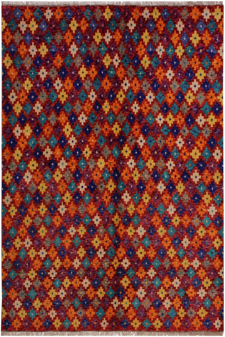 1990s Modern Balouchi Red& Orange Wool Rug- 5'1 X 6'7: A mesmerizing addition to any décor, this exhilarating hand-knotted rug featuring exquisite coloration in an intricate design is made by skilled artisans capable of creating the most exceptional