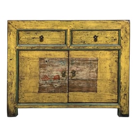 Chinese Distressed Yellow Graphic Sideboard Console Credenza Cabinet