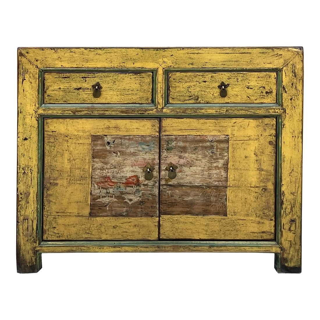 Chinese Distressed Yellow Graphic Sideboard Console Credenza Cabinet: Chinese-inspired Distressed yellow Graphic Short Sideboard Console Cabinet. This exquisite piece of furniture seamlessly blends Eastern aesthetics with a touch of rustic charm. Crafted with meticulous