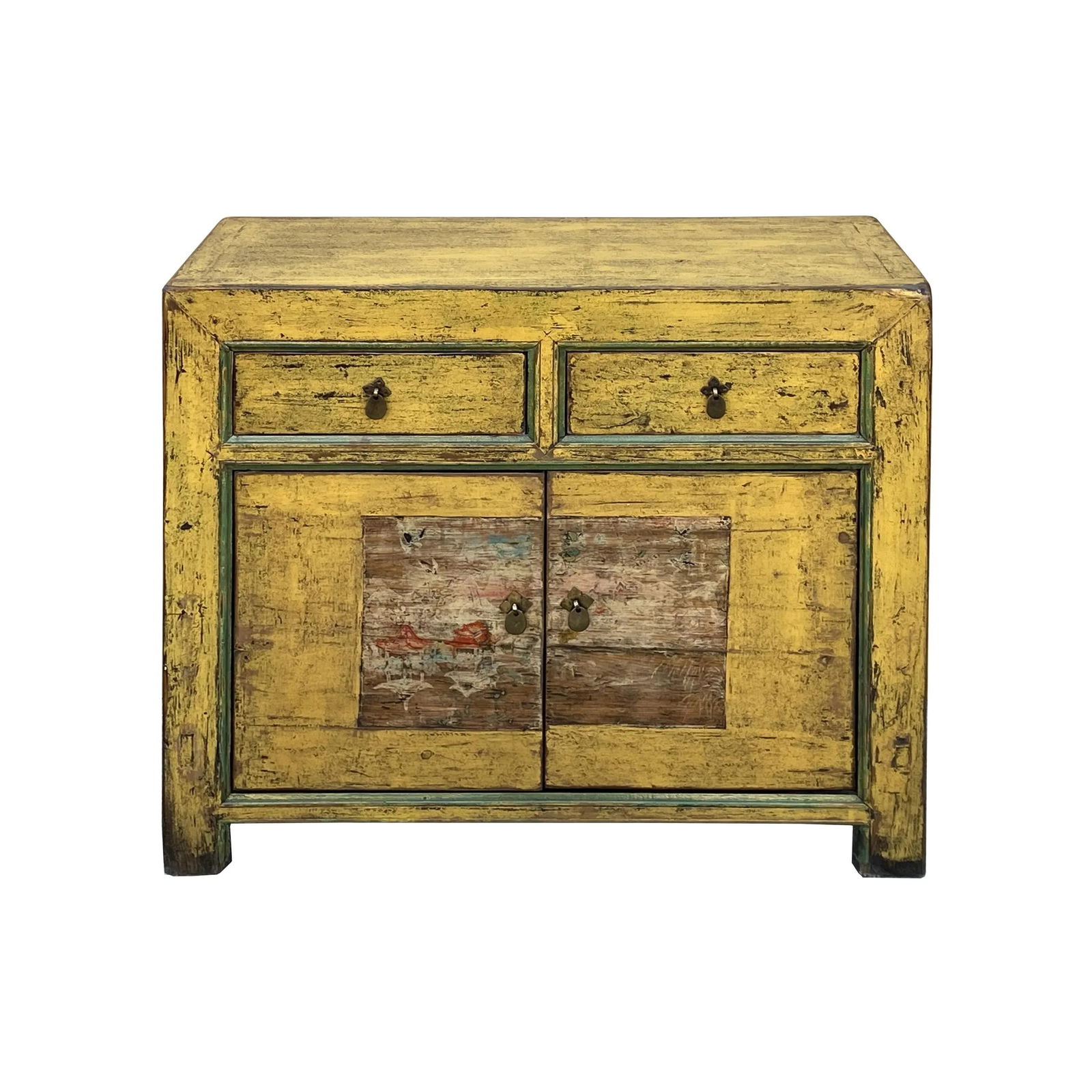 Chinese Distressed Yellow Graphic Sideboard Console Credenza Cabinet - 2