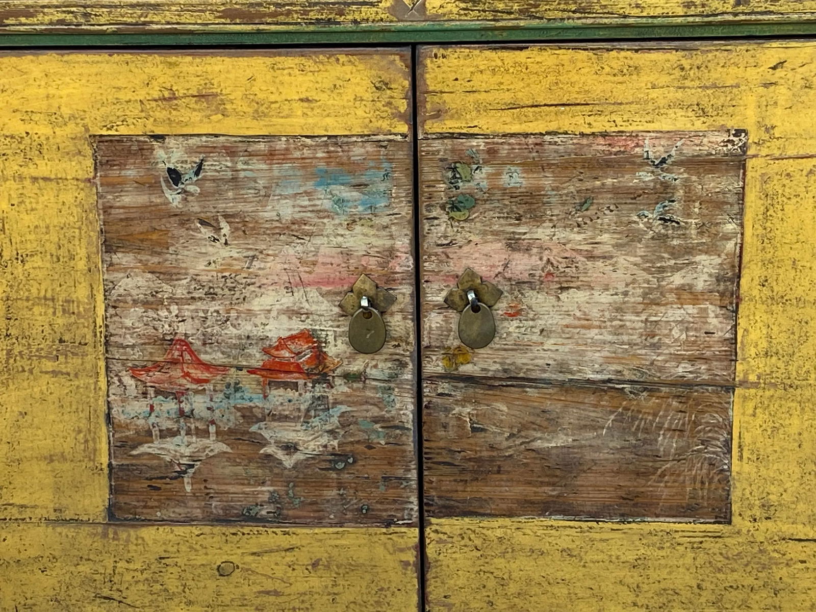 Chinese Distressed Yellow Graphic Sideboard Console Credenza Cabinet - 3