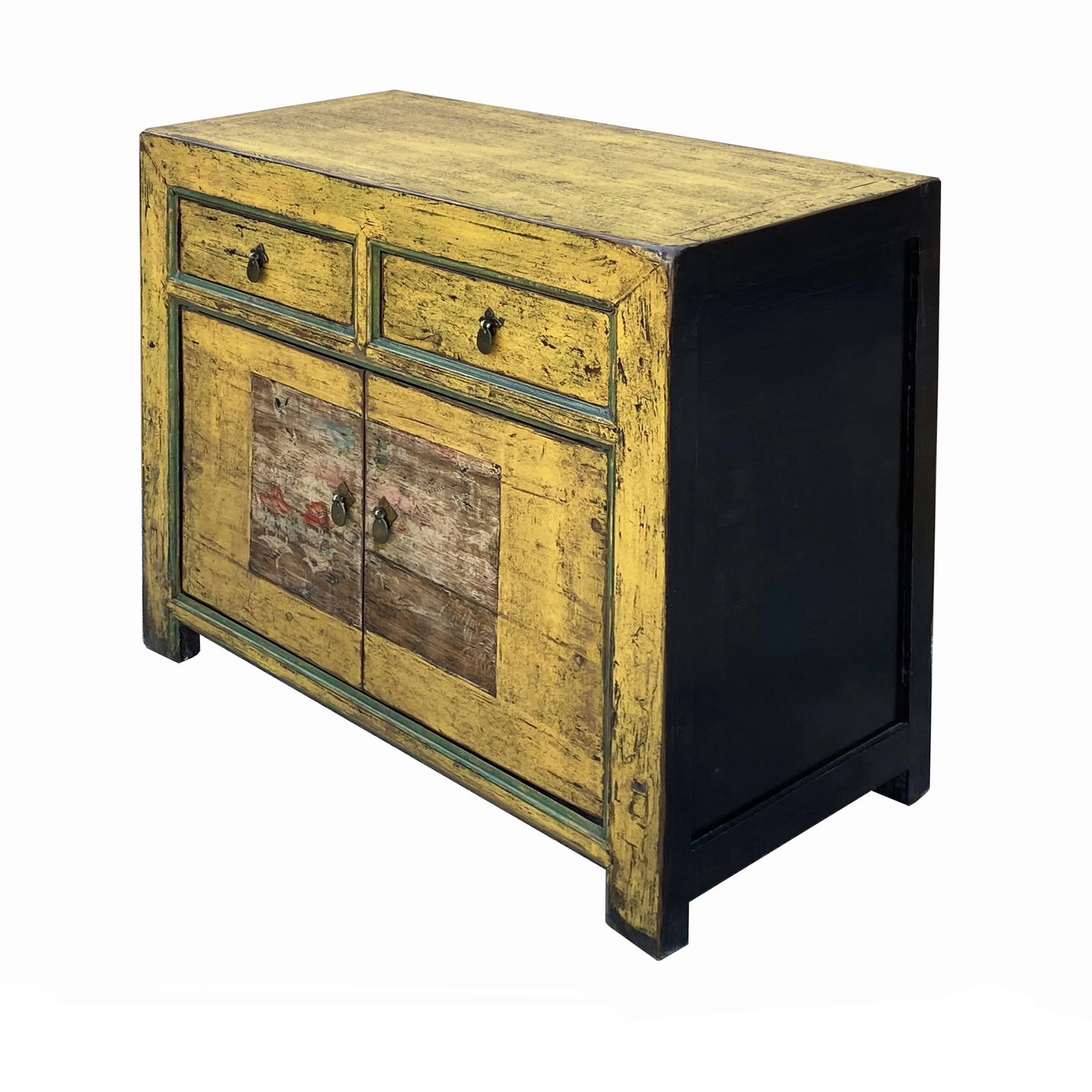 Chinese Distressed Yellow Graphic Sideboard Console Credenza Cabinet - 5