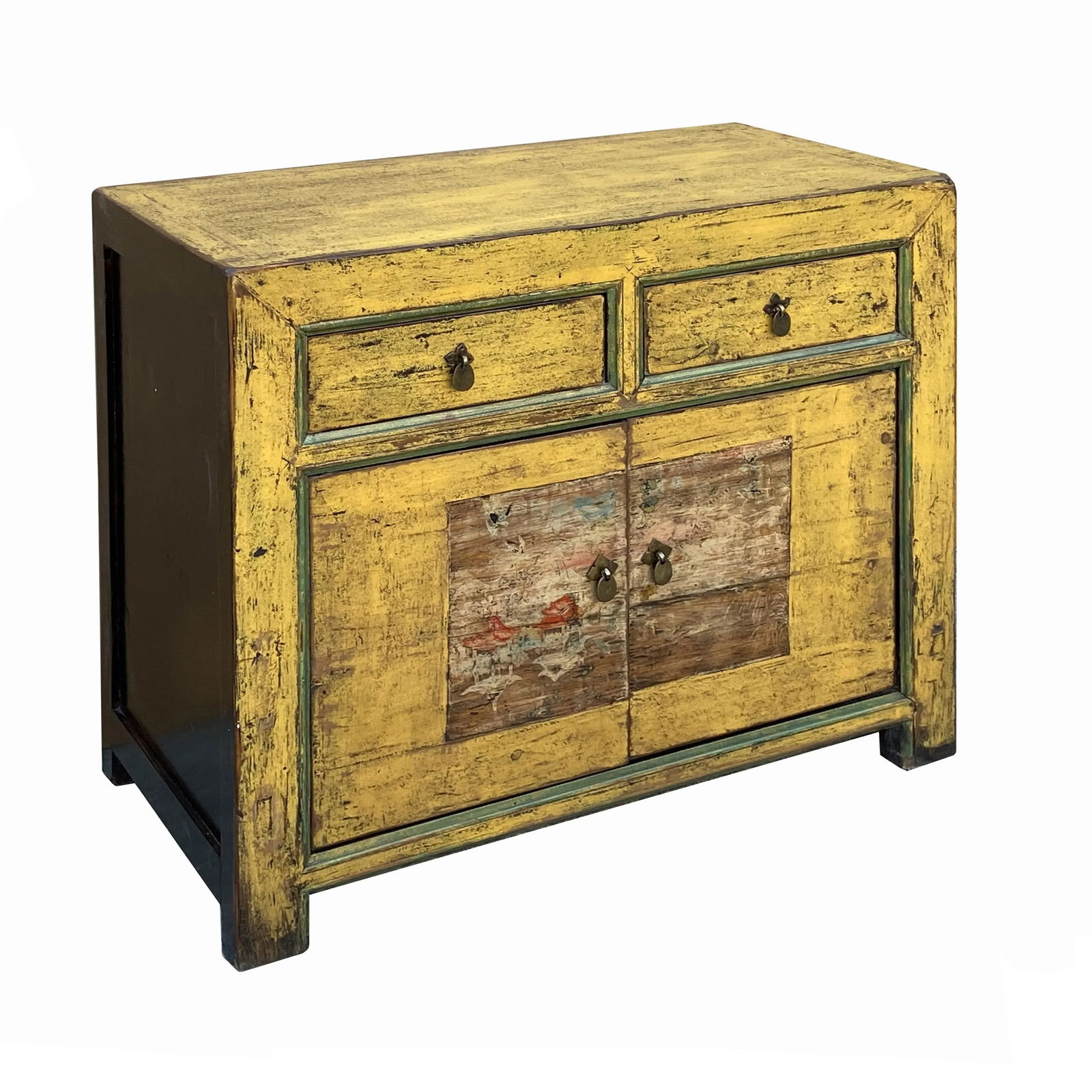 Chinese Distressed Yellow Graphic Sideboard Console Credenza Cabinet - 6